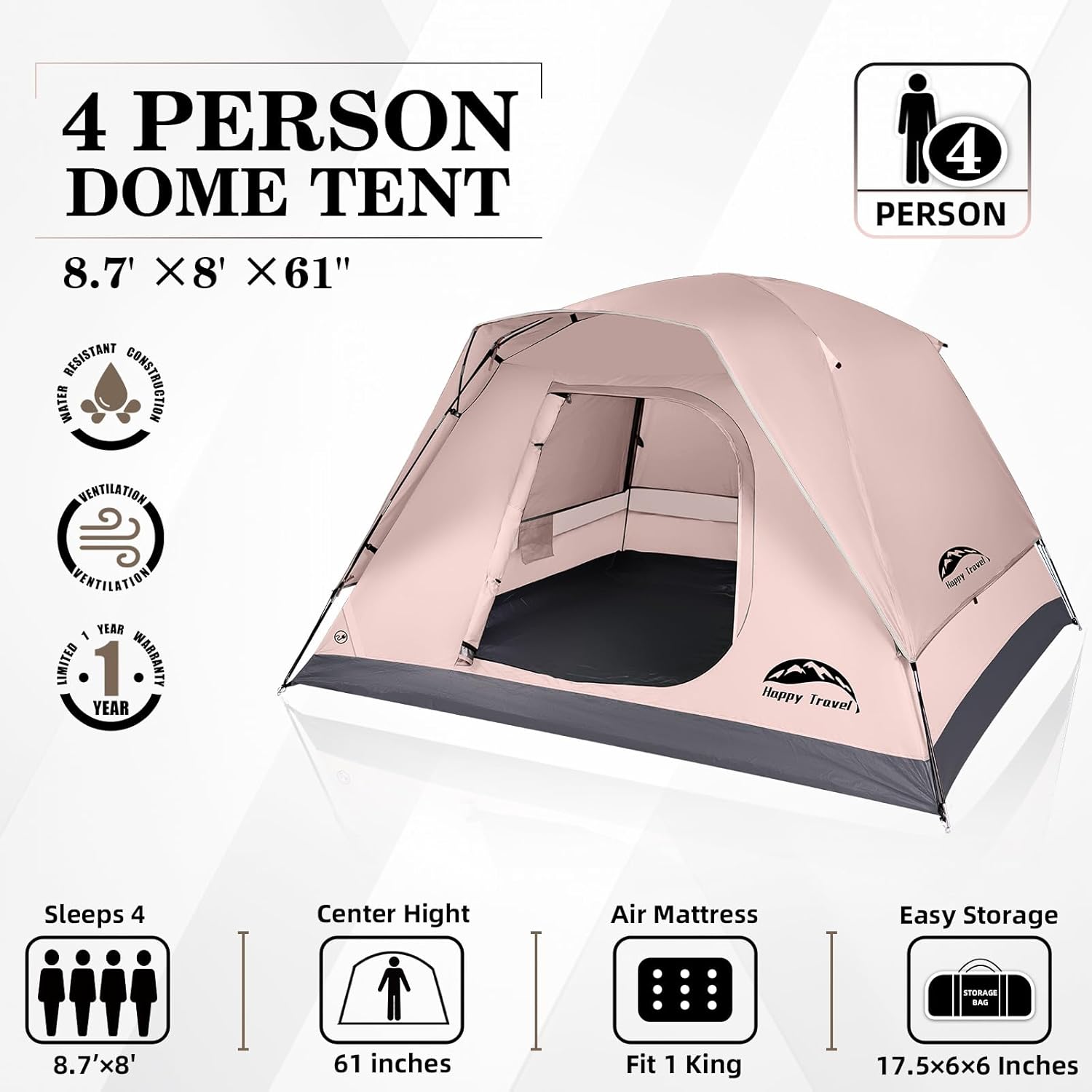 Happy Travel Camping Tent, 4 Person Dome Tents for Camping with Rainfly, Waterproof Clip Easy Setup Portable Family Tent with Mesh Windows, 20% More Headroom Backpacking Tents for Camping & Hiking - Image 2