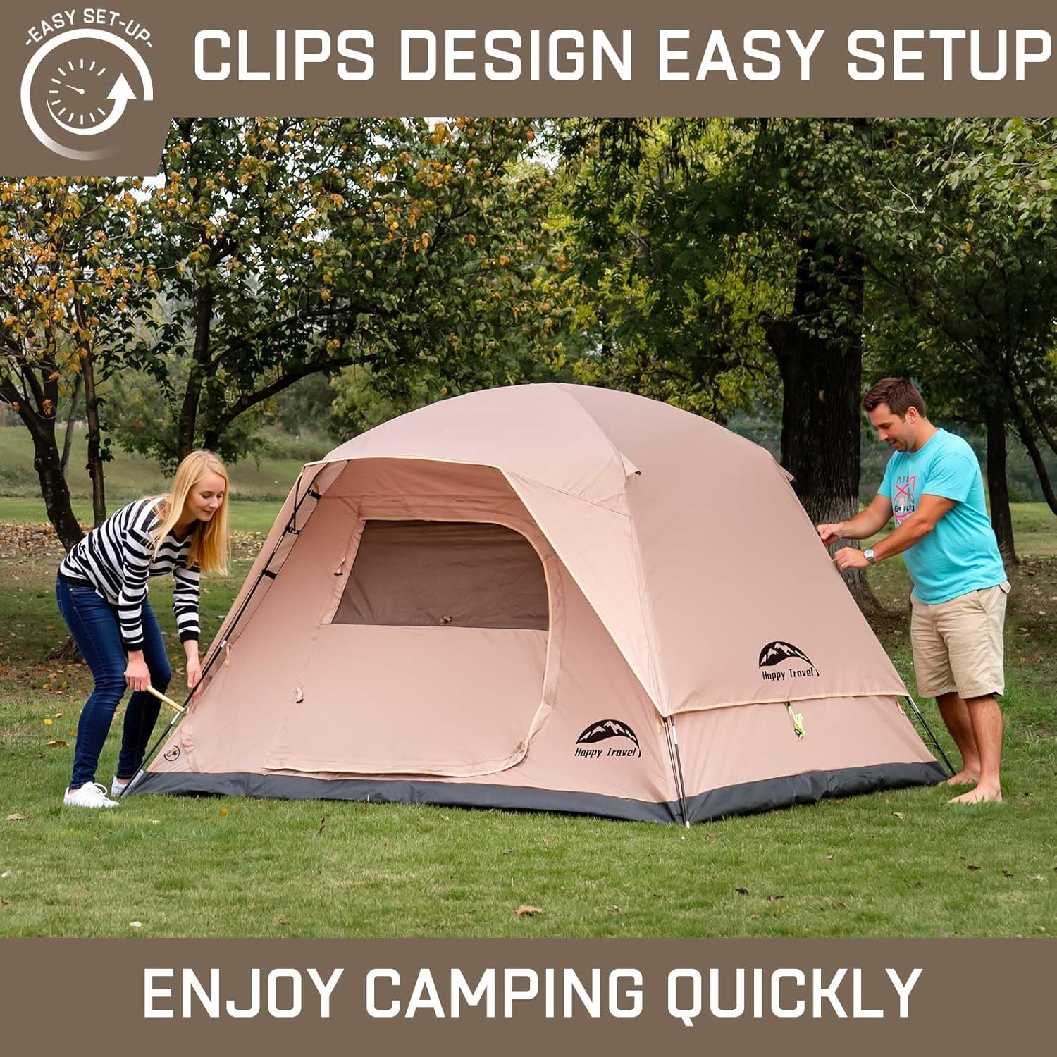 Happy Travel Camping Tent, 4 Person Dome Tents for Camping with Rainfly, Waterproof Clip Easy Setup Portable Family Tent with Mesh Windows, 20% More Headroom Backpacking Tents for Camping & Hiking - Image 5