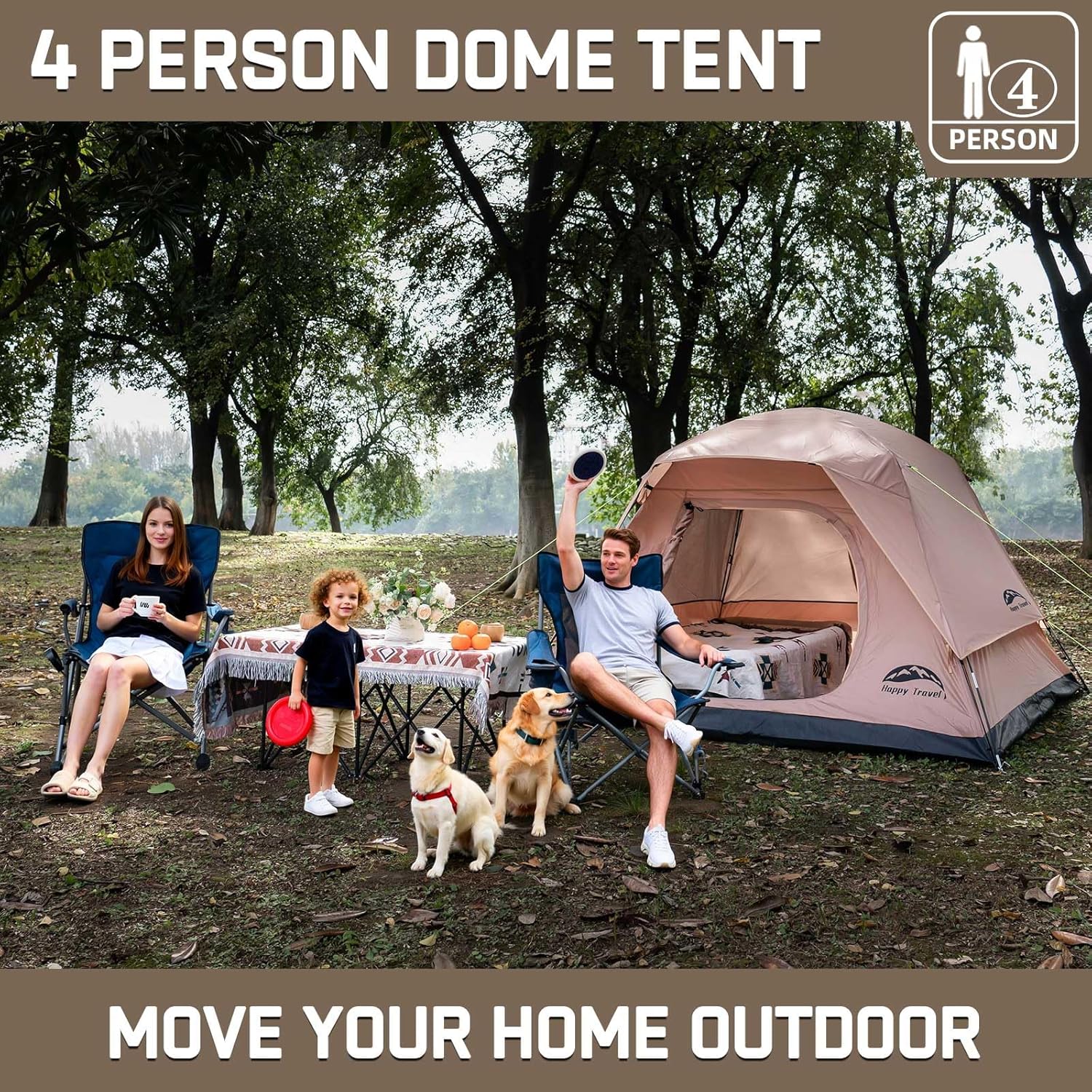 Happy Travel Camping Tent, 4 Person Dome Tents for Camping with Rainfly, Waterproof Clip Easy Setup Portable Family Tent with Mesh Windows, 20% More Headroom Backpacking Tents for Camping & Hiking - Image 6