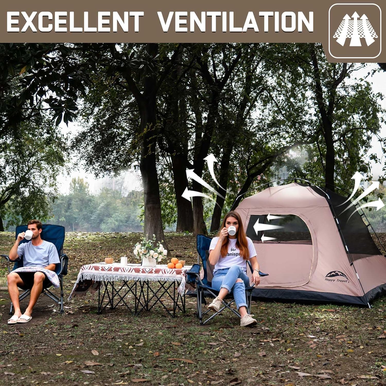 Happy Travel Camping Tent, 4 Person Dome Tents for Camping with Rainfly, Waterproof Clip Easy Setup Portable Family Tent with Mesh Windows, 20% More Headroom Backpacking Tents for Camping & Hiking - Image 7