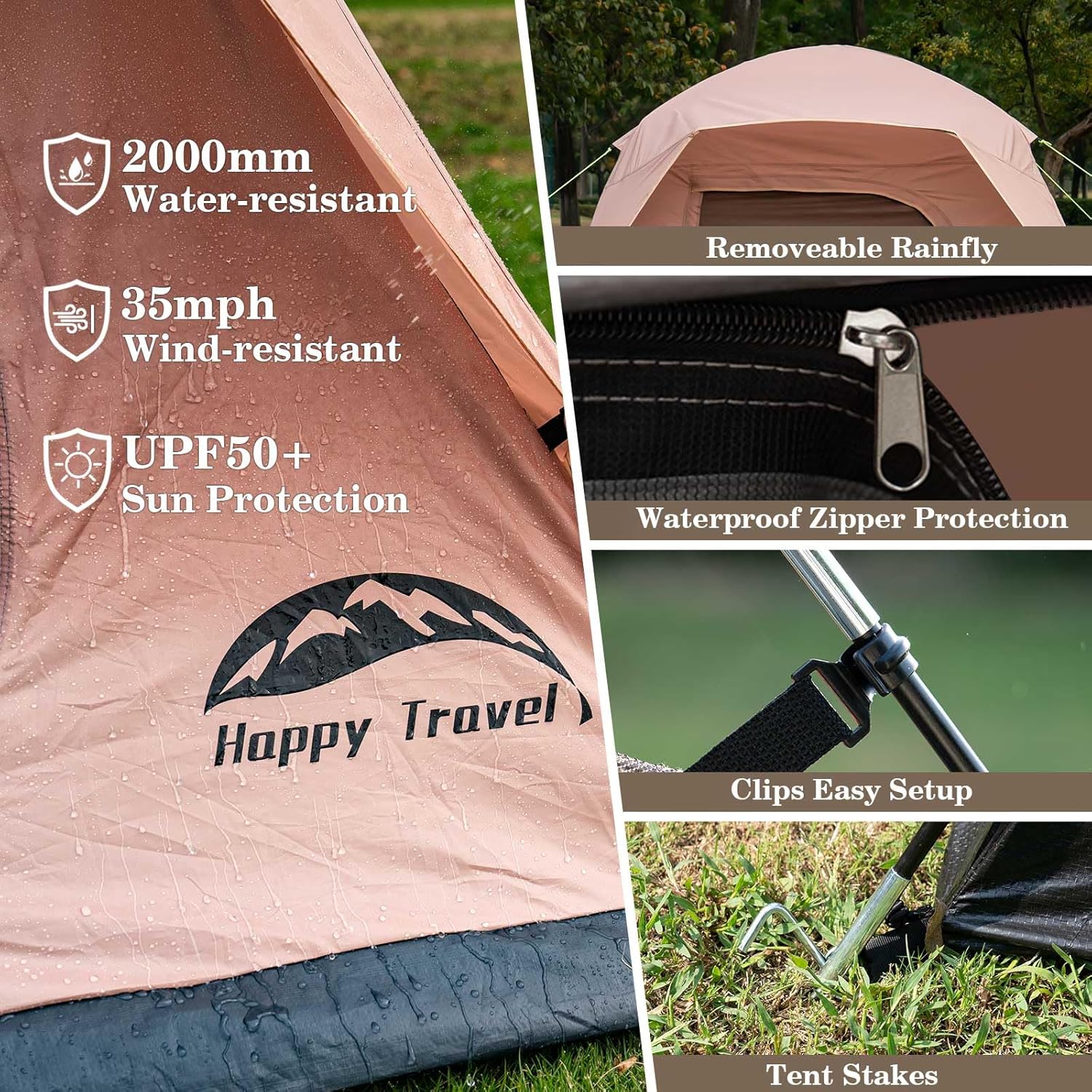 Happy Travel Camping Tent, 4 Person Dome Tents for Camping with Rainfly, Waterproof Clip Easy Setup Portable Family Tent with Mesh Windows, 20% More Headroom Backpacking Tents for Camping & Hiking - Image 8