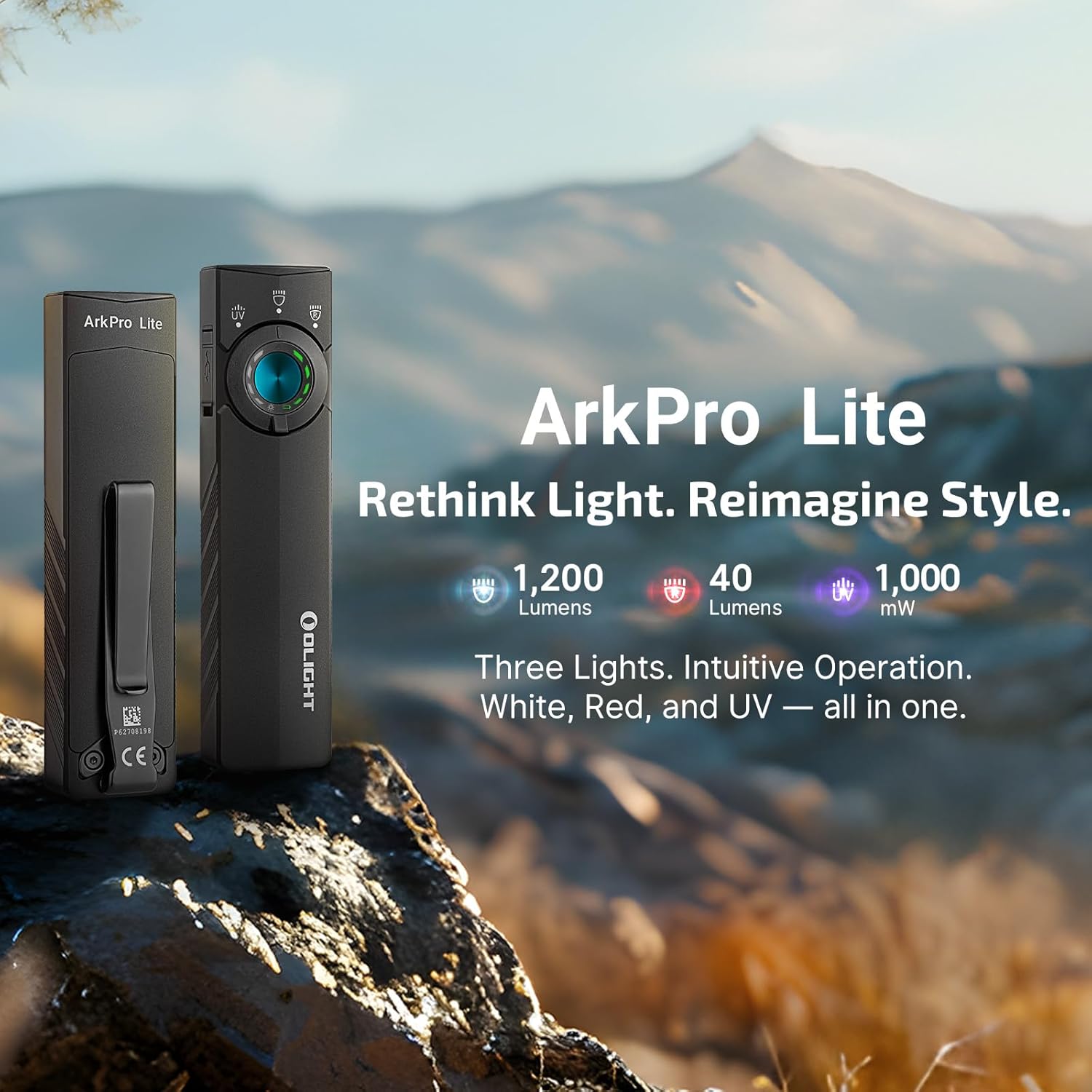 OLIGHT ArkPro Lite Flat Pocket Flashlight, Rechargeable Portable 1200 Lumens with White LED, Red Light, and UV Light, Triple Sources for Pet Urine Detection, Camping, Emergency, Working (Matte Black) - Image 2